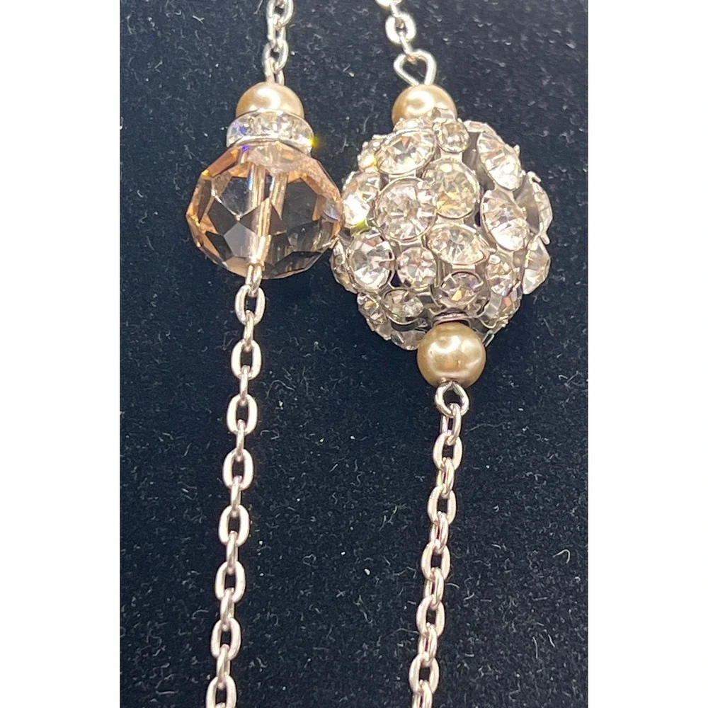 Glamorous‎ Long Champagne Crystal & Faux Pearl Station Necklace Silver Tone 40